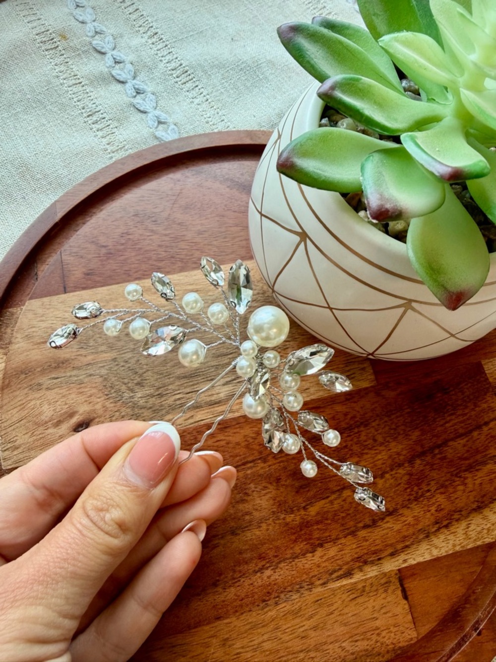 Pearl and Crystal Hair Pin - Silver Tone